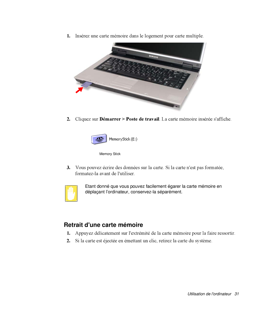 Samsung NP-R55C000/SEF, NP-R55C001/SEF, NP-R55CV00/SEF, NP-R55GV01/SEF manual Retrait dune carte mémoire 