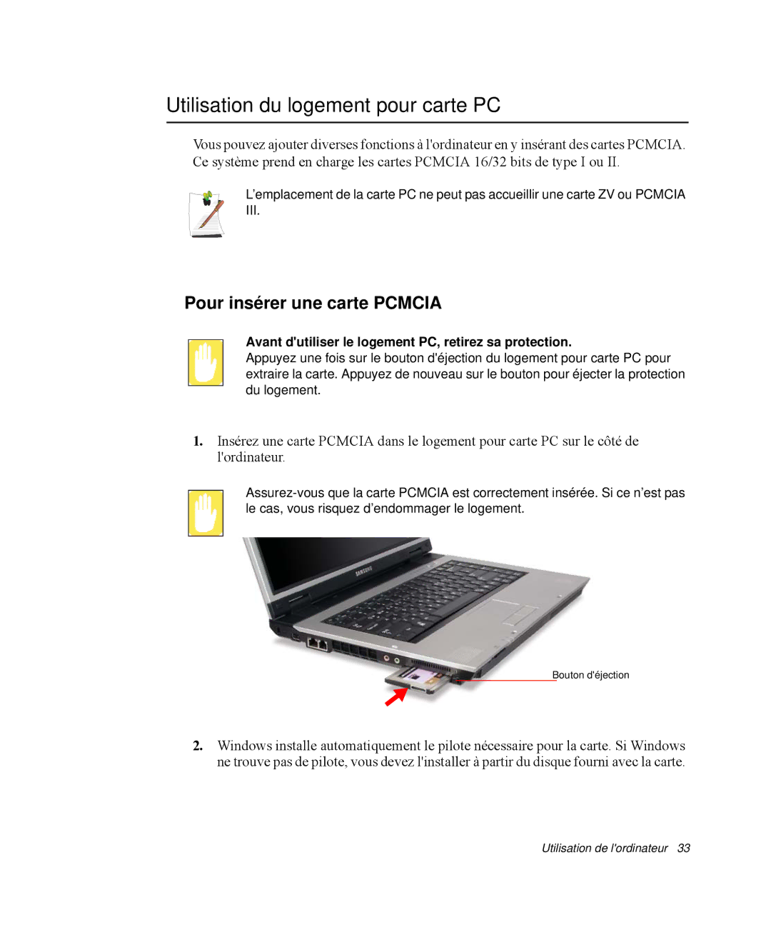 Samsung NP-R55CV00/SEF, NP-R55C001/SEF, NP-R55GV01/SEF Utilisation du logement pour carte PC, Pour insérer une carte Pcmcia 