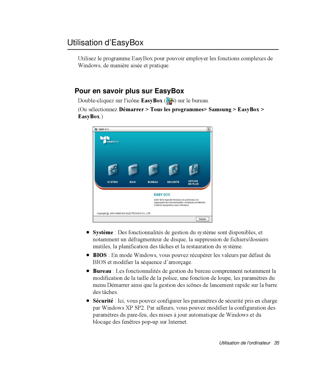 Samsung NP-R55C000/SEF, NP-R55C001/SEF, NP-R55CV00/SEF manual Utilisation d’EasyBox, Pour en savoir plus sur EasyBox 