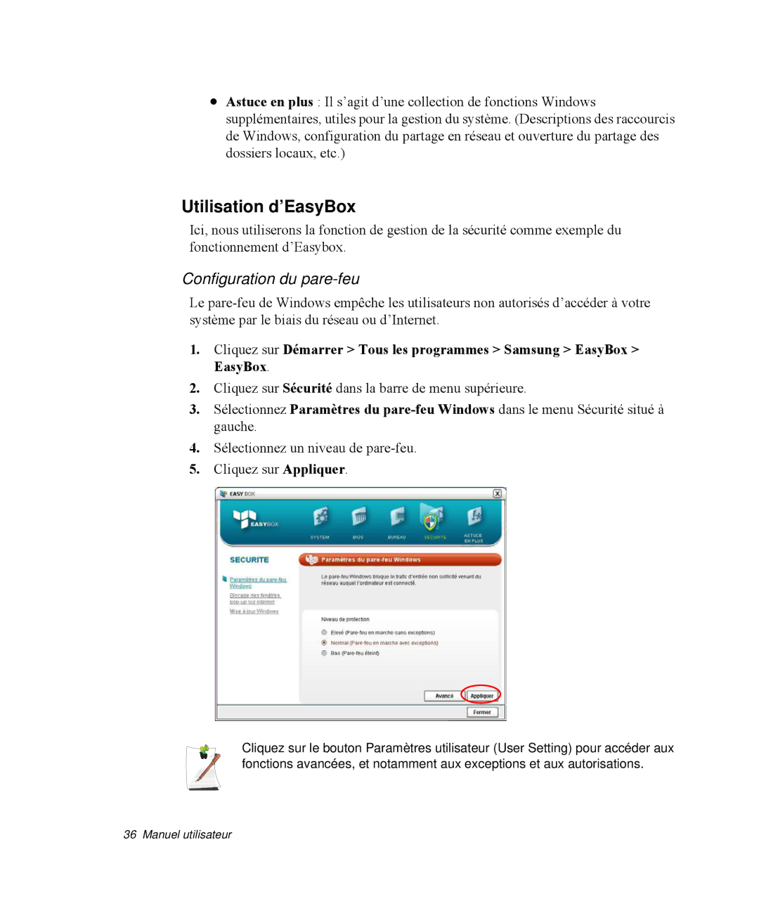 Samsung NP-R55C001/SEF, NP-R55CV00/SEF, NP-R55GV01/SEF, NP-R55C000/SEF manual Utilisation d’EasyBox, Configuration du pare-feu 