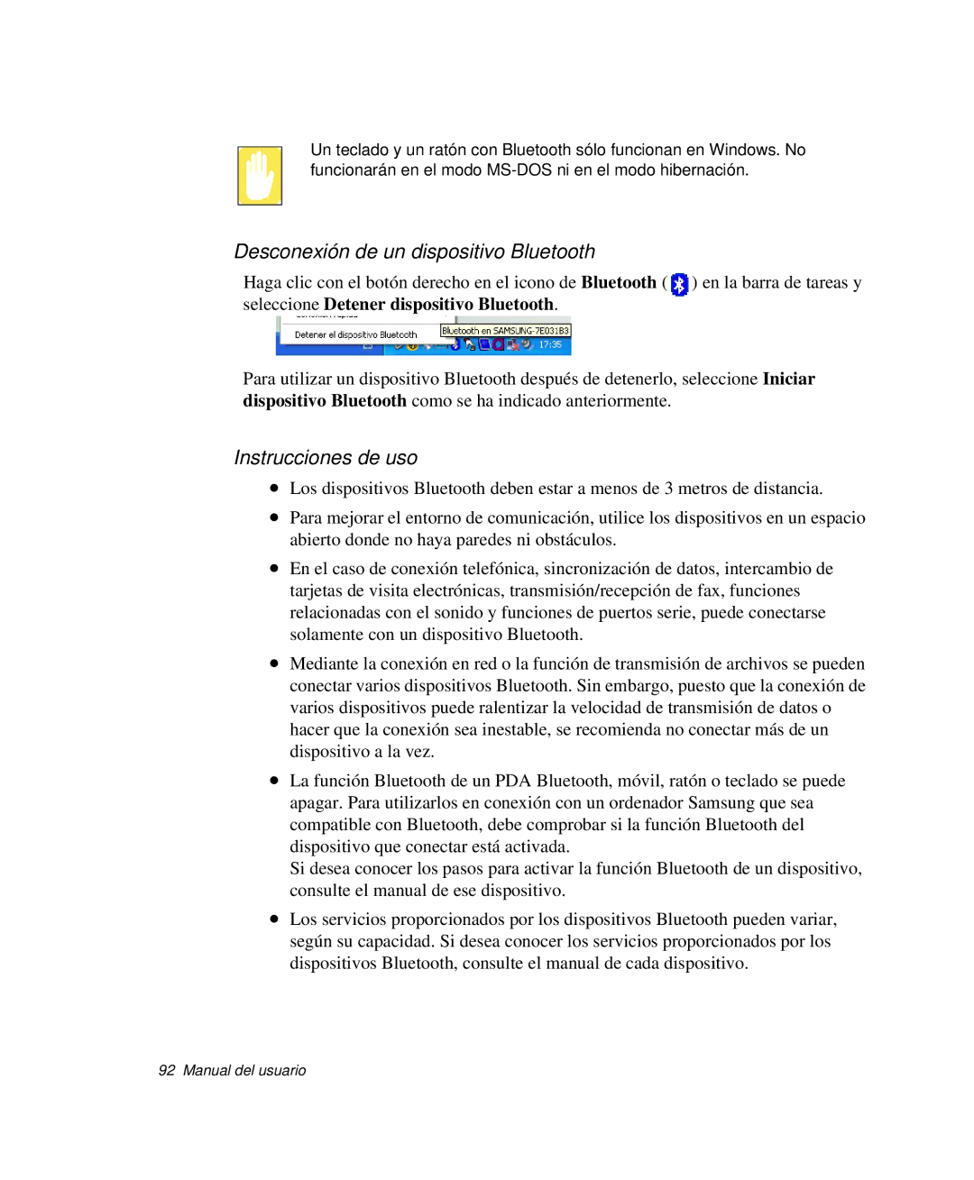 Samsung NP-R55CV00/SES, NP-R55CV03/SES, NP-R55CV02/SES manual Desconexión de un dispositivo Bluetooth, Instrucciones de uso 