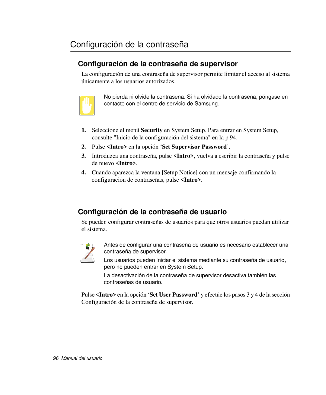 Samsung NP-R55C000/SES manual Configuración de la contraseña de supervisor, Configuración de la contraseña de usuario 