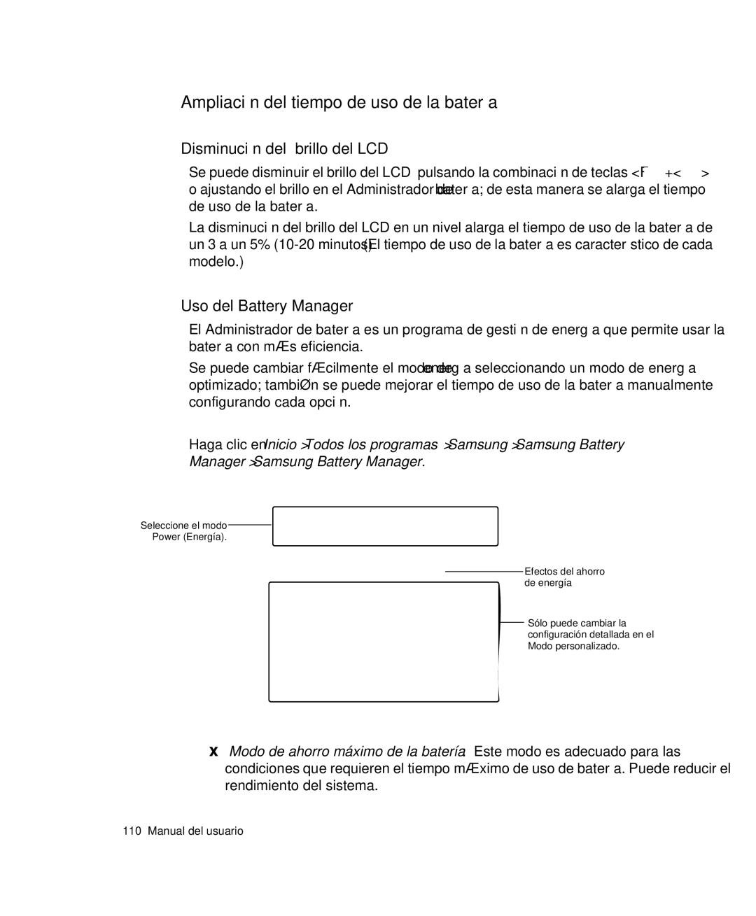 Samsung NP-R55CV00/SES Ampliación del tiempo de uso de la batería, Disminución del brillo del LCD, Uso del Battery Manager 