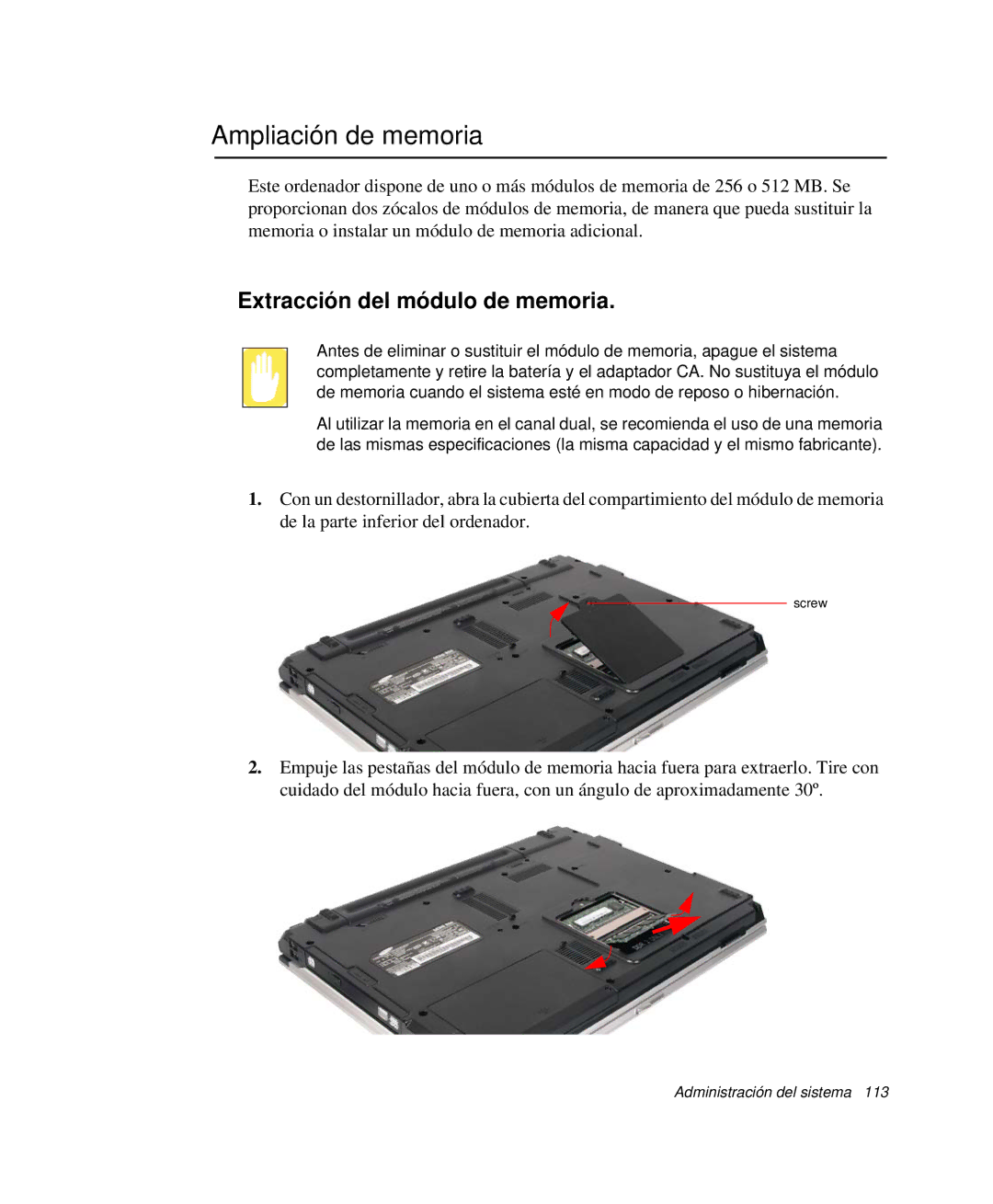 Samsung NP-R55AV01/SES, NP-R55CV03/SES, NP-R55CV02/SES manual Ampliación de memoria, Extracción del módulo de memoria 