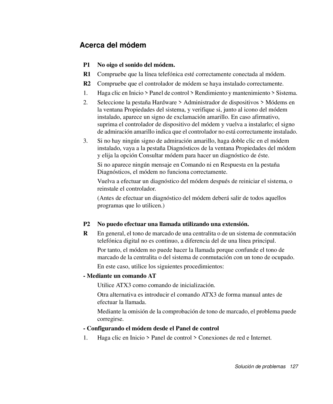 Samsung NP-R55C002/SES, NP-R55CV03/SES manual Acerca del módem, P1 No oigo el sonido del módem, Mediante un comando AT 