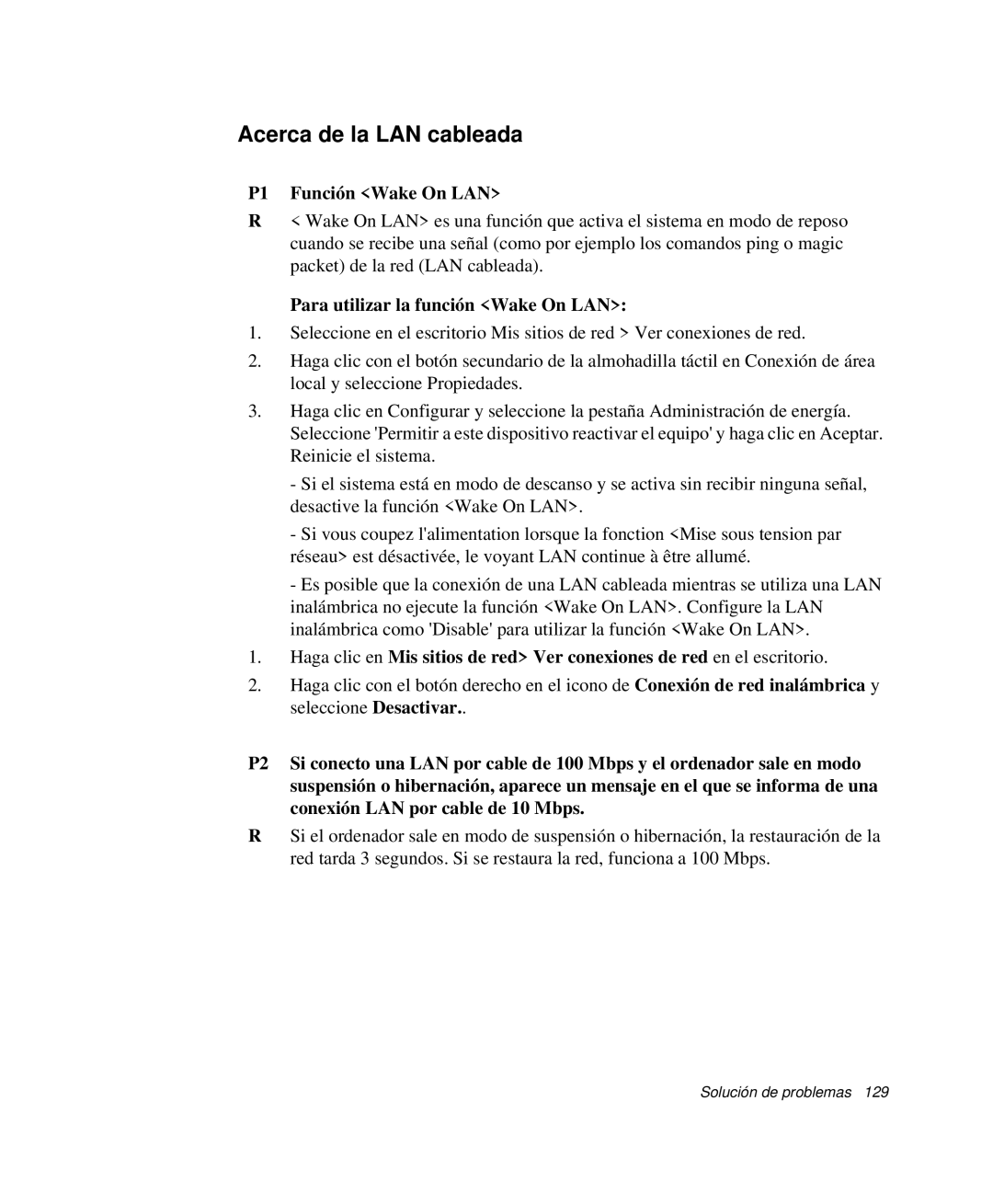 Samsung NP-R55CV01/SES manual Acerca de la LAN cableada, P1 Función Wake On LAN, Para utilizar la función Wake On LAN 