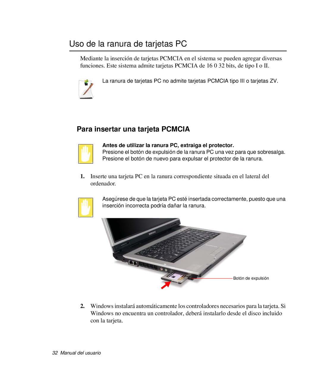 Samsung NP-R55AV01/SES, NP-R55CV03/SES, NP-R55CV02/SES Uso de la ranura de tarjetas PC, Para insertar una tarjeta Pcmcia 