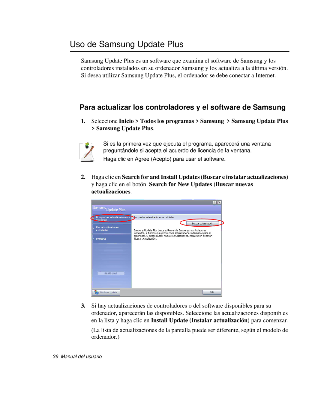 Samsung NP-R55CV02/SES manual Uso de Samsung Update Plus, Para actualizar los controladores y el software de Samsung 