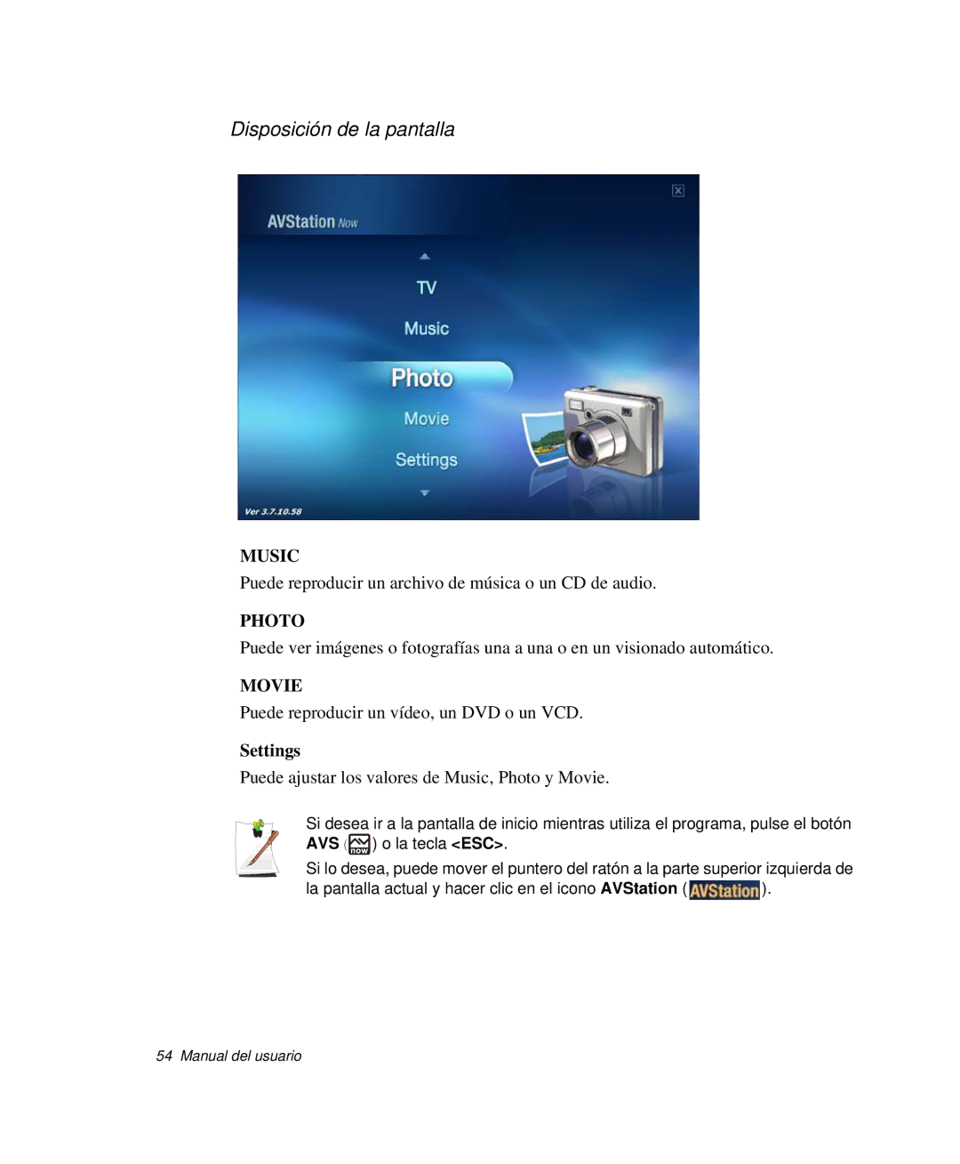 Samsung NP-R55CV02/SES, NP-R55CV03/SES, NP-R55C002/SES, NP-R55CV00/SES, NP-R55CV01/SES Disposición de la pantalla, Settings 