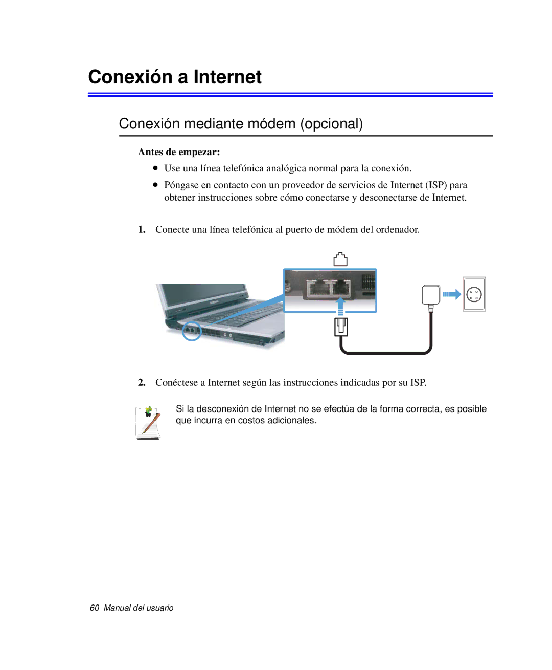 Samsung NP-R55C000/SES, NP-R55CV03/SES manual Conexión a Internet, Conexión mediante módem opcional, Antes de empezar 