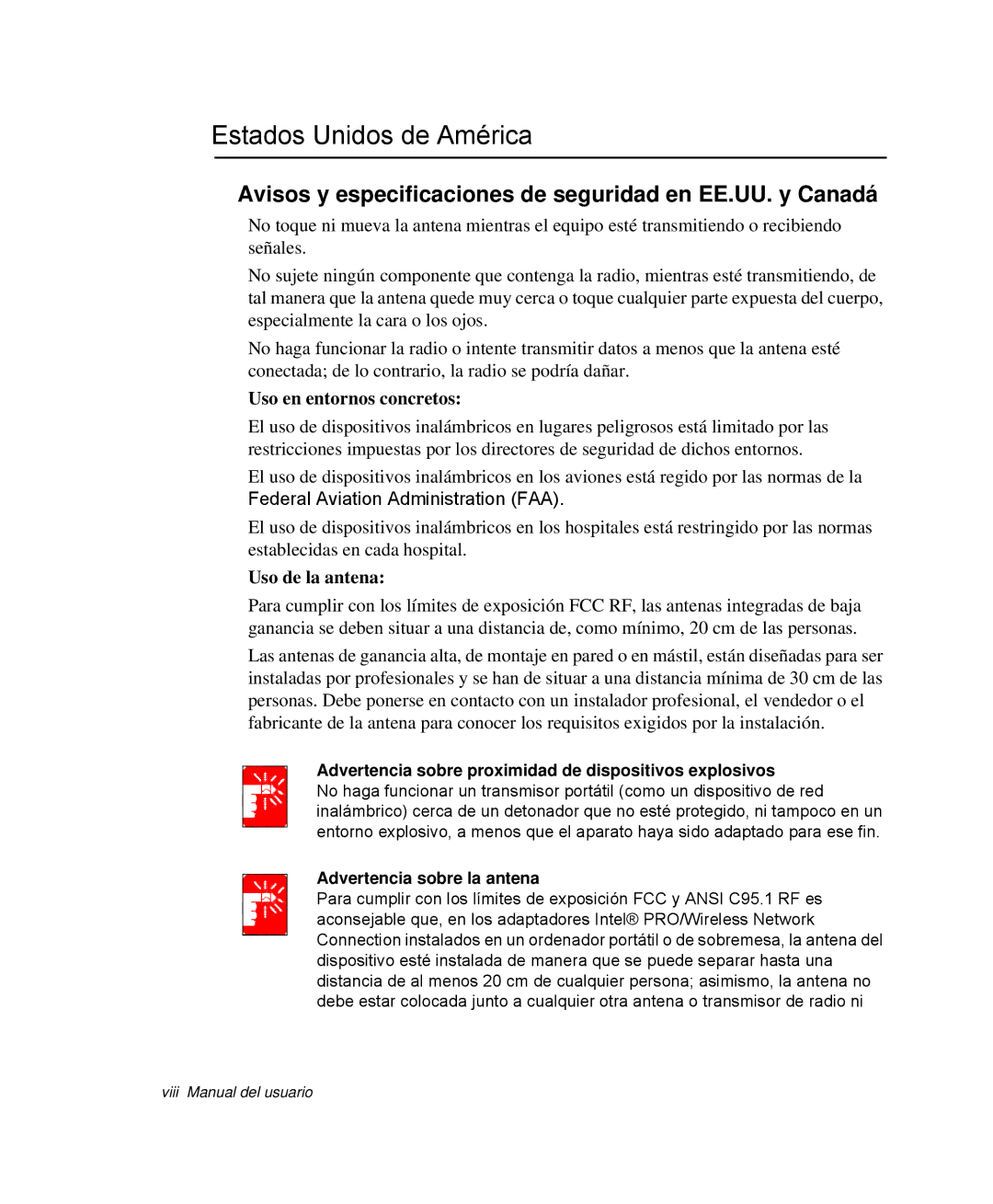 Samsung NP-R55AV02/SES manual Estados Unidos de América, Avisos y especificaciones de seguridad en EE.UU. y Canadá 