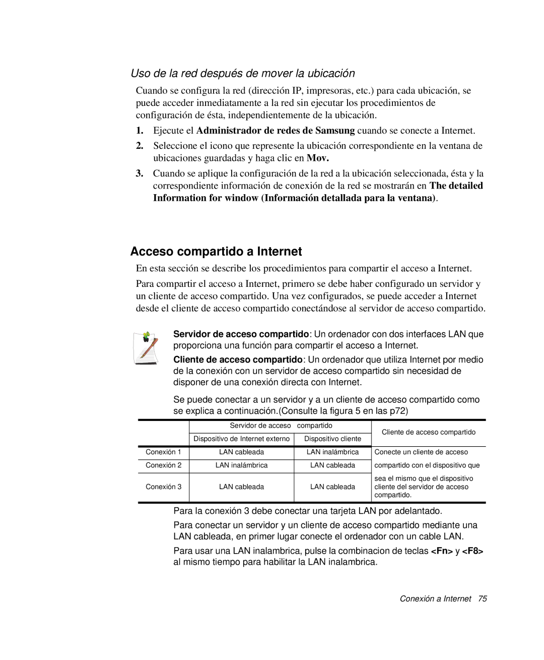 Samsung NP-R55CV01/SES, NP-R55CV03/SES manual Acceso compartido a Internet, Uso de la red después de mover la ubicación 