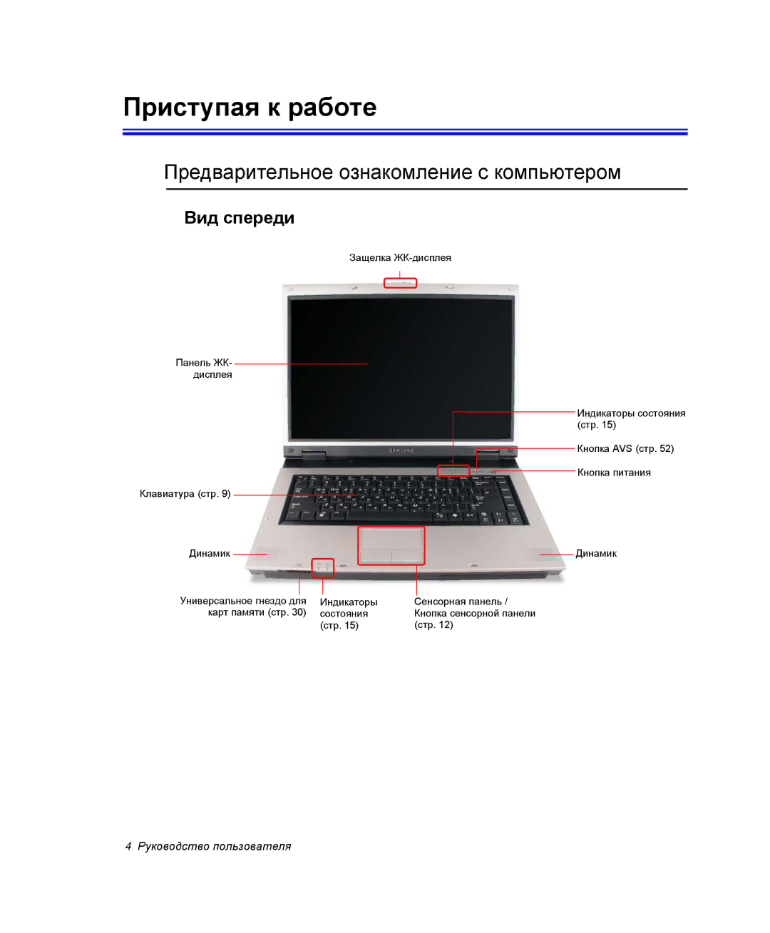 Samsung NP-R55CV01/SER, NP-R55T000/SER manual Приступая к работе, Предварительное ознакомление с компьютером, Вид спереди 