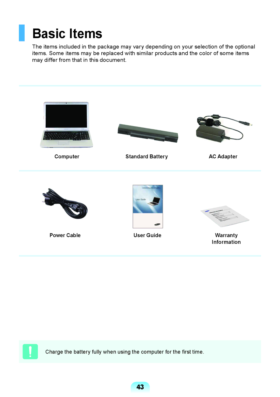 Samsung NP-R578-DT04SA, NP-R578-DT01UA manual Basic Items, Computer Standard Battery AC Adapter Power Cable User Guide 