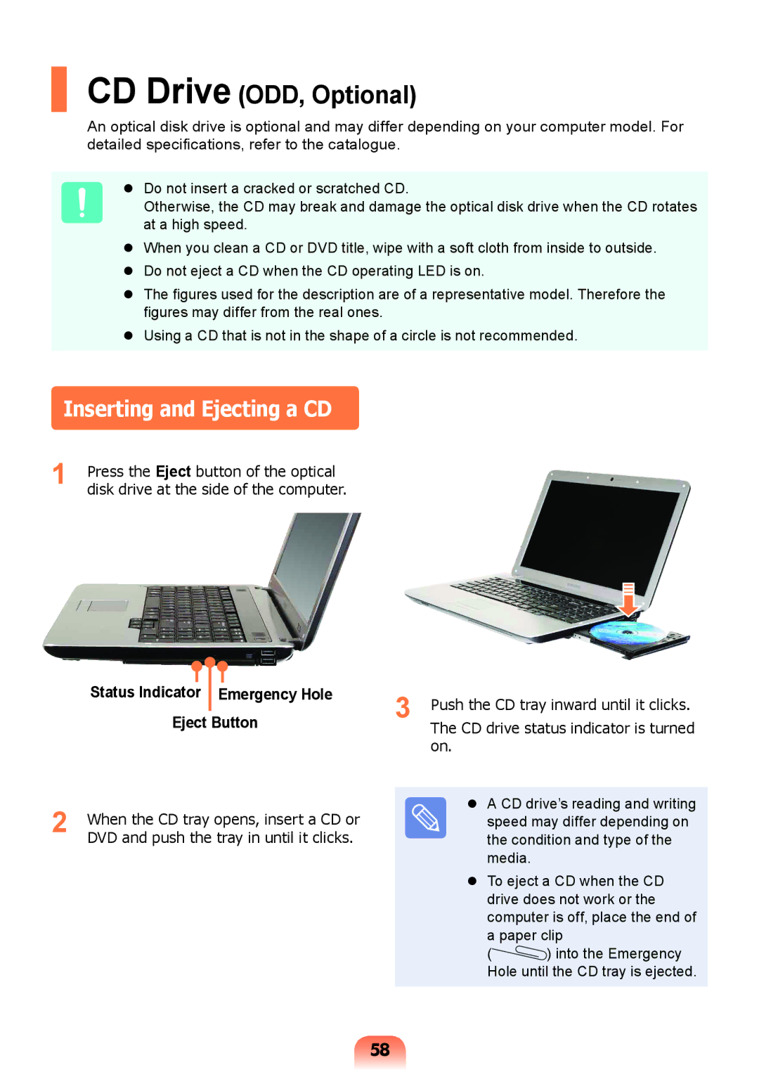 Samsung NP-R578-DT04SA, NP-R578-DT01UA manual Inserting and Ejecting a CD, Status Indicator Emergency Hole, Eject Button 