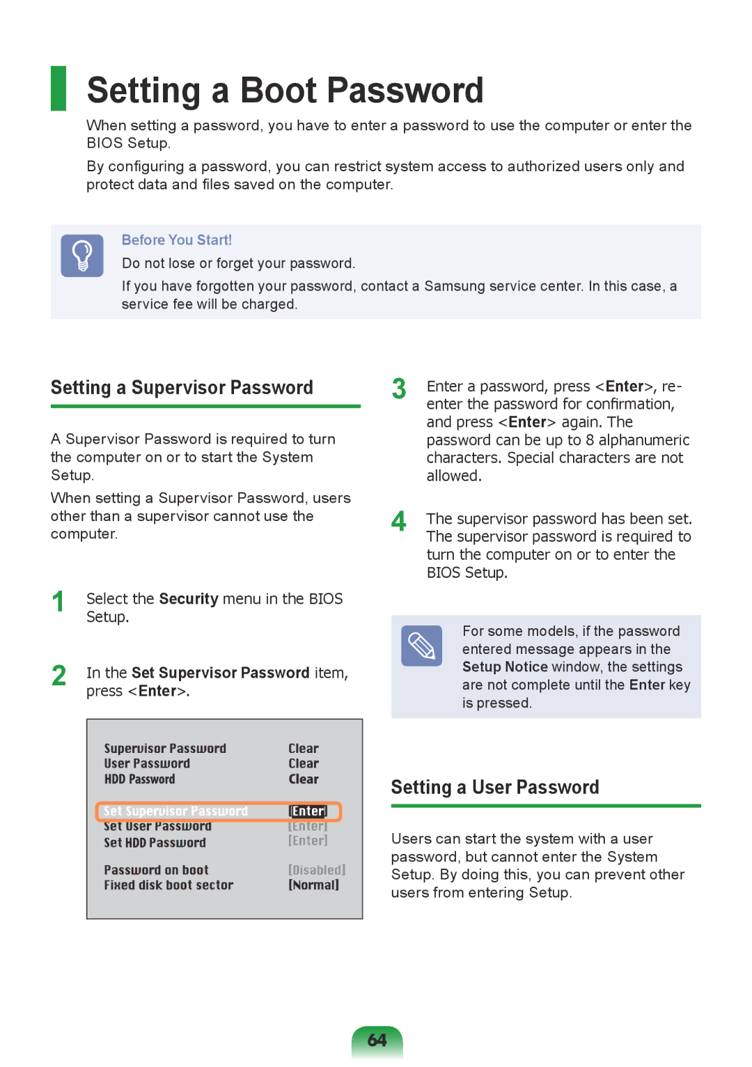 Samsung NP-R578-DT01SA, NP-R578-DT01UA Setting a Boot Password, Setting a Supervisor Password, Setting a User Password 