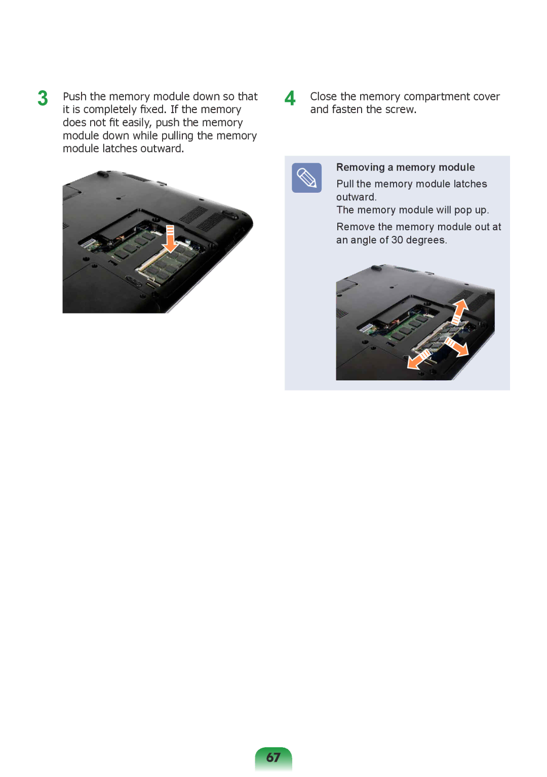 Samsung NP-R578-DT02SA, NP-R578-DT01UA, NP-R578-DT03SA, NP-R578-DT04SA, NP-R578-DT01SA manual Removing a memory module 