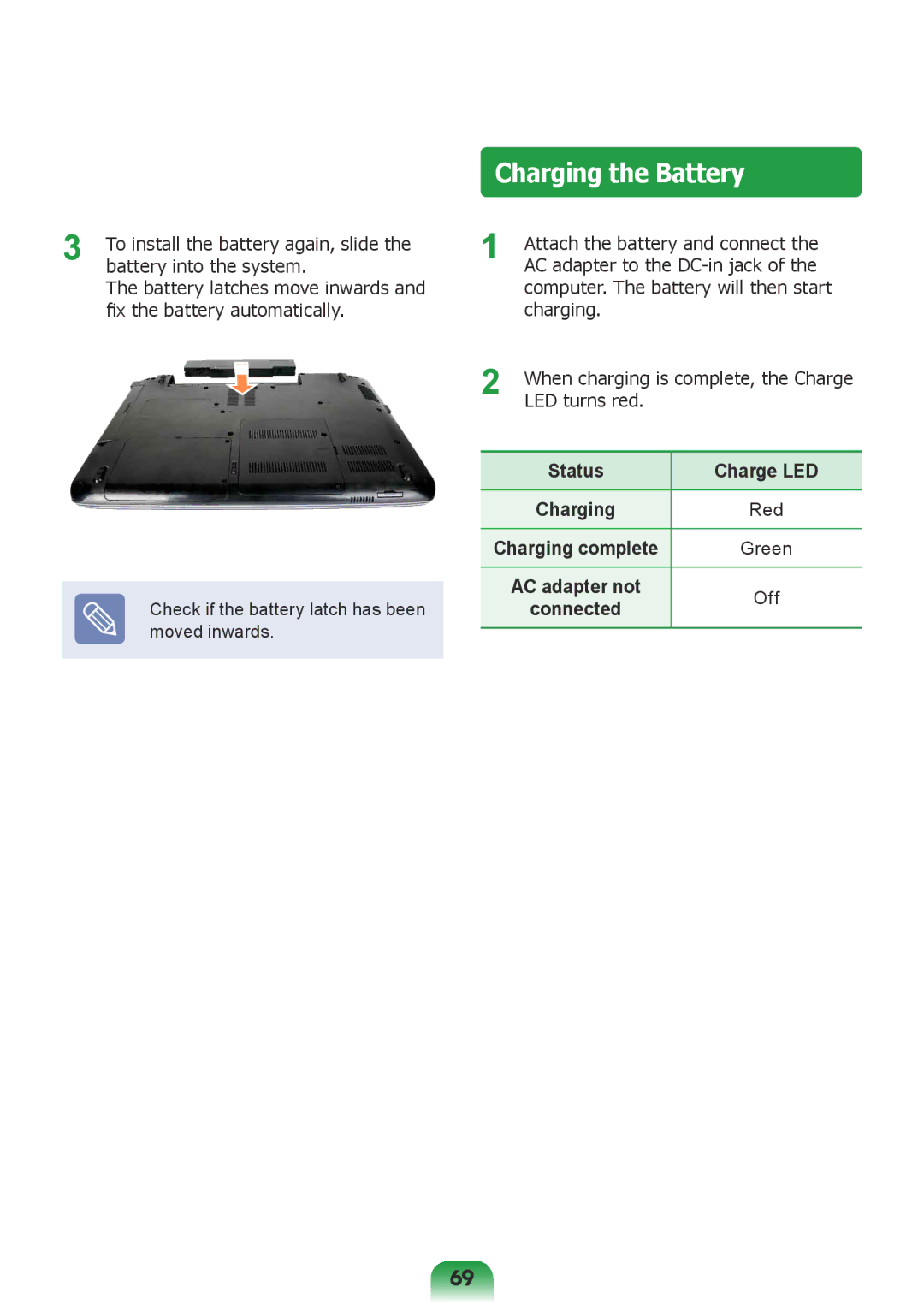 Samsung NP-R578-DT01SA, NP-R578-DT01UA, NP-R578-DT03SA, NP-R578-DT02SA, NP-R578-DT04SA manual Charging the Battery 