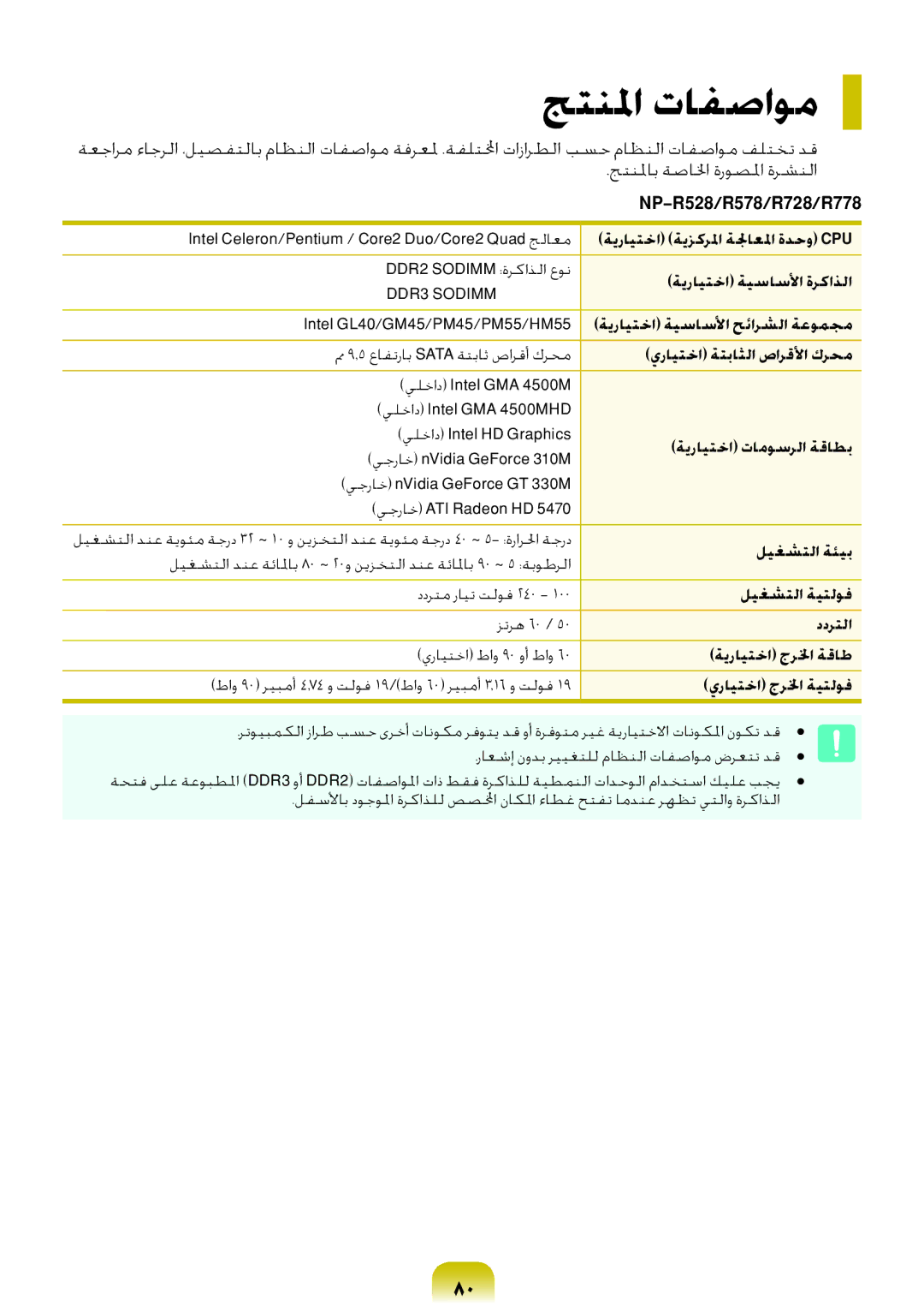 Samsung NP-R578-DT03SA, NP-R578-DT02SA, NP-R578-DT04SA, NP-R578-DT01SA manual جتنلما تافصاوم, NP-R528/R578/R728/R778 