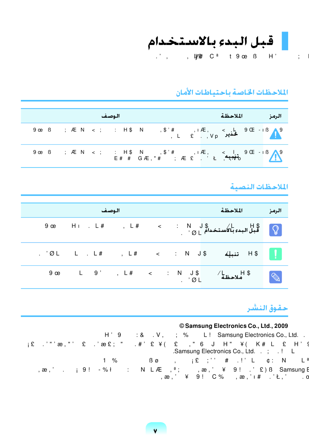 Samsung NP-R578-DT02SA manual مادختسلااب ءدبلا لبق, ناملأا تاطايتحاب ةصالخا تاظحلالما, ةيصنلا تاظحلالما, رشنلا قوقح 