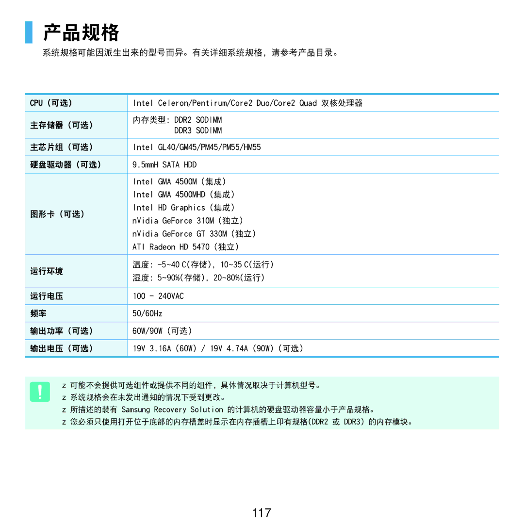 Samsung NP-R560-AT01PL, NP-R590-JS0YDE, NP-R540-JT08DE, NP-R540-JS0ADE, NP-RV515-S04DE, NP-RV515-S01DE manual 产品规格, 117 