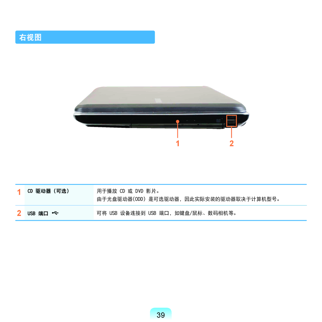 Samsung NP-R540-JS02CZ, NP-R590-JS0YDE, NP-R540-JT08DE, NP-R540-JS0ADE, NP-RV515-S04DE 右视图, 可将 Usb 设备连接到 Usb 端口，如键盘/鼠标、数码相机等。 