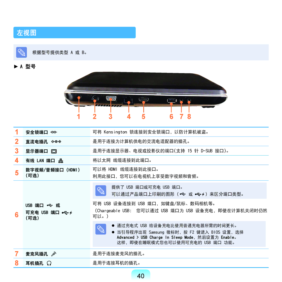 Samsung NP-RF711-S07PL, NP-R590-JS0YDE, NP-R540-JT08DE, NP-R540-JS0ADE, NP-RV515-S04DE manual 左视图, 麦克风插孔, 耳机插孔 是用于连接耳机的插孔。 