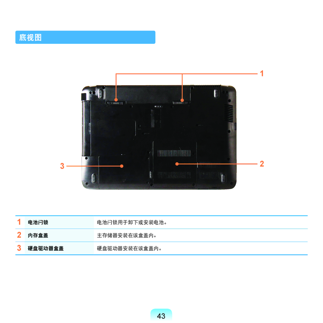 Samsung NP-R580-JS02CZ, NP-R590-JS0YDE, NP-R540-JT08DE 底视图, 电池闩锁 电池闩锁用于卸下或安装电池。 内存盒盖 主存储器安装在该盒盖内。 硬盘驱动器盒盖 硬盘驱动器安装在该盒盖内。 