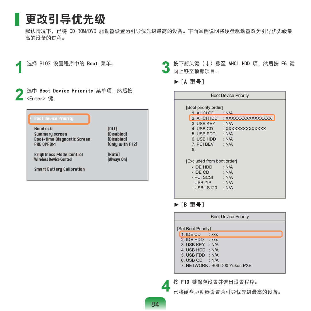 Samsung NP-RF511-S02GR, NP-R590-JS0YDE, NP-R540-JT08DE, NP-R540-JS0ADE manual 更改引导优先级, F10 键保存设置并退出设置程序。 已将硬盘驱动器设置为引导优先级最高的设备。 