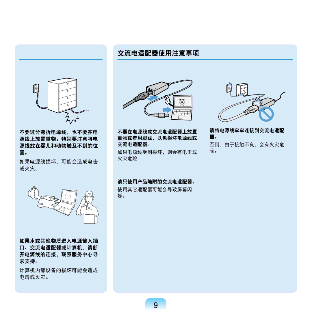 Samsung NP-R610-AS0BIT 交流电适配器使用注意事项, 重物或者用脚踩，以免损坏电源线或 交流电适配器。, 如果电源线受到损坏，则会有电击或 火灾危险。 请只使用产品随附的交流电适配器。 使用其它适配器可能会导致屏幕闪 