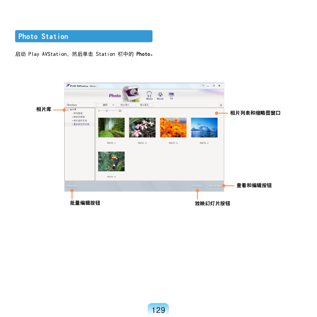 Samsung NP-R610-AS0BIT, NP-R610-AS0AIT manual 129, 相片库 相片列表和缩略图窗口 查看和编辑按钮 批量编辑按钮 