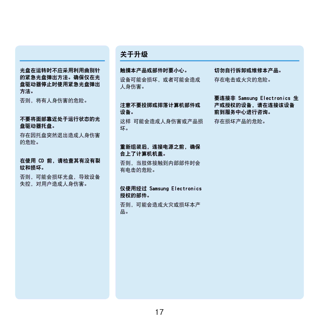 Samsung NP-R610-AS0BIT, NP-R610-AS0AIT manual 关于升级, 授权的部件。 否则，可能会造成火灾或损坏本产 