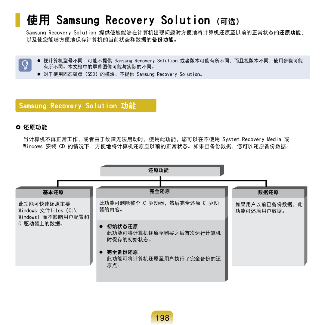 Samsung NP-R610-AS0AIT manual 使用 Samsung Recovery Solution 可选, 198, 驱动器上的数据。 完全还原 此功能可删除整个 C 驱动器，然后完全还原 C 驱动 器的内容。  初始状态还原 