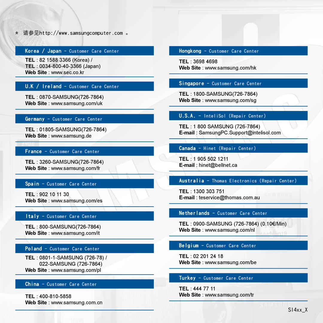 Samsung NP-R610-AS0BIT, NP-R610-AS0AIT manual TEL 82 1588 3366 Korea TEL 0034-800-40-3366 Japan 