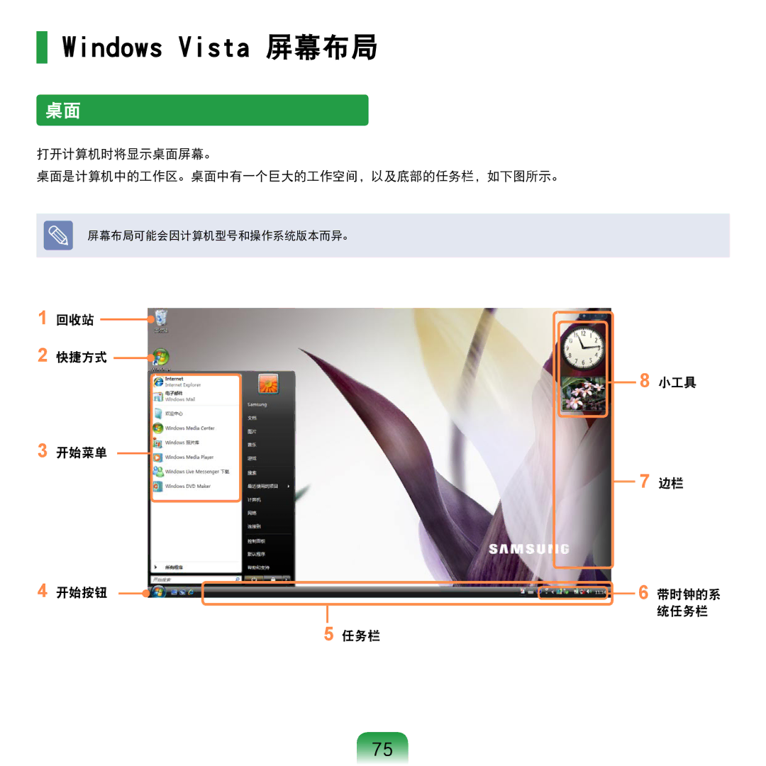 Samsung NP-R610-AS0BIT, NP-R610-AS0AIT manual Windows Vista 屏幕布局, 打开计算机时将显示桌面屏幕。 桌面是计算机中的工作区。桌面中有一个巨大的工作空间，以及底部的任务栏，如下图所示。 