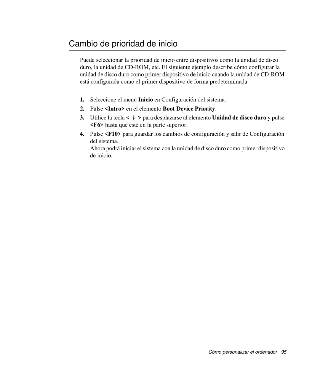 Samsung NP-R65KV00/SES, NP-R65CV03/SES manual Cambio de prioridad de inicio, Pulse Intro en el elemento Boot Device Priority 