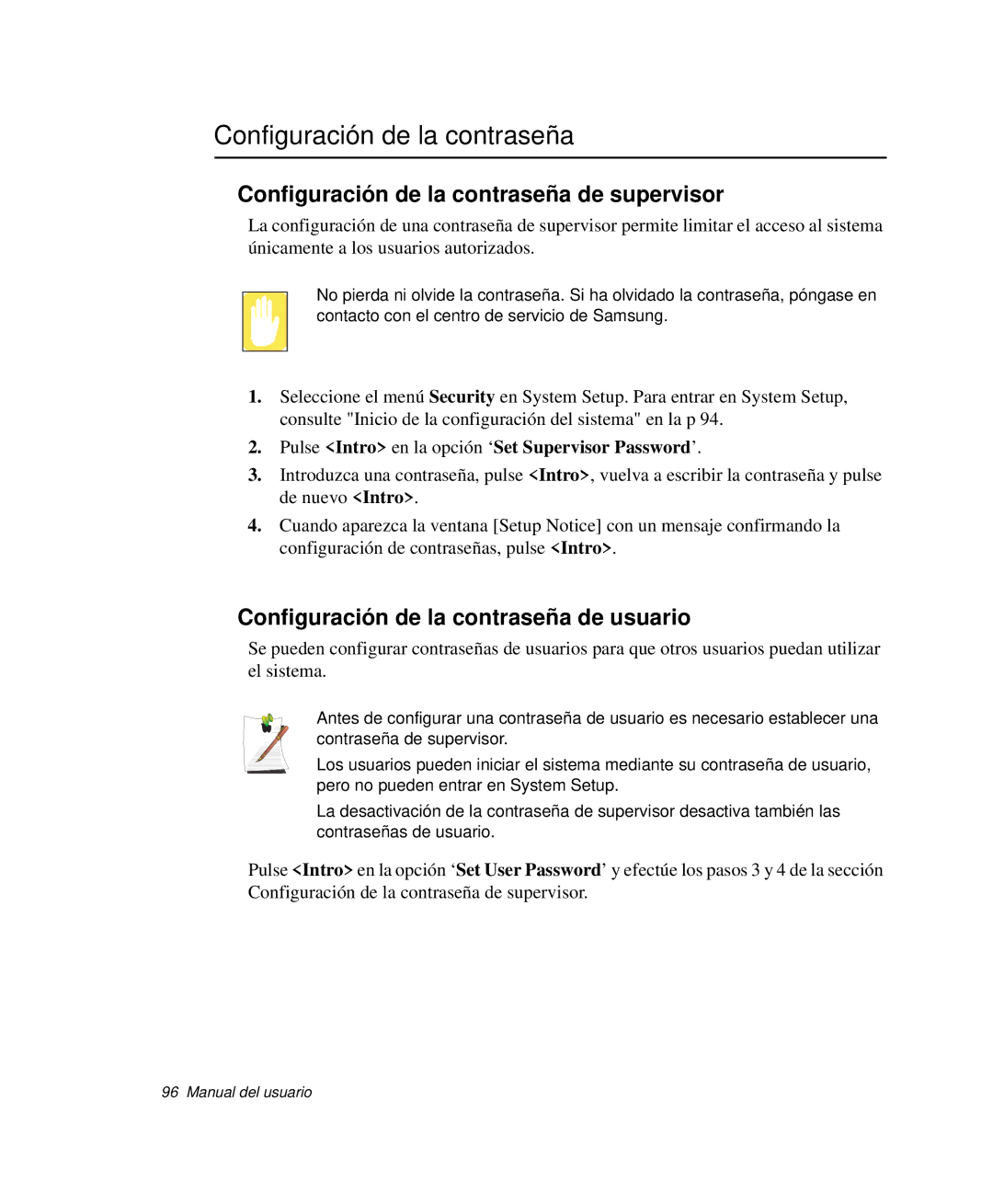 Samsung NP-R65CV02/SES manual Configuración de la contraseña de supervisor, Configuración de la contraseña de usuario 