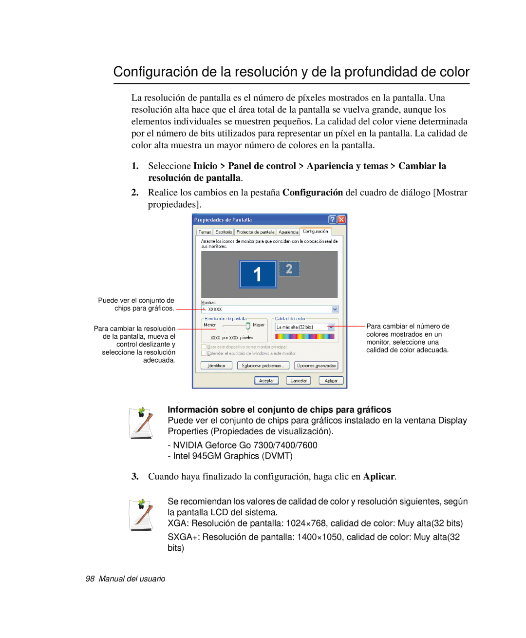 Samsung NP-R65CV03/SES, NP-R65CV01/SES, NP-R65CV01/SEP manual Configuración de la resolución y de la profundidad de color 