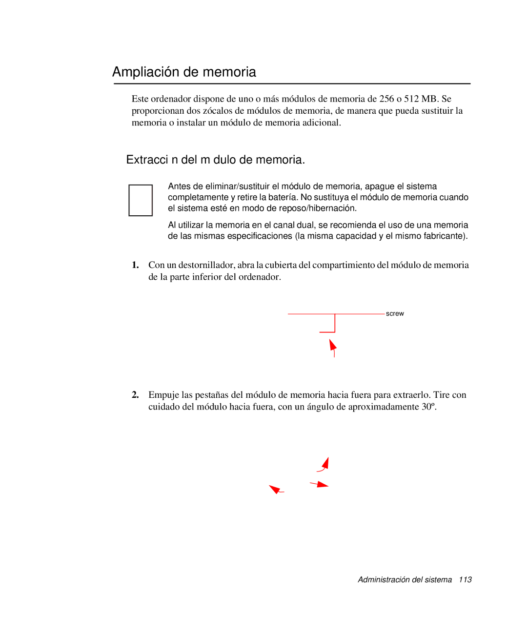 Samsung NP-R65KV00/SES, NP-R65CV03/SES, NP-R65CV01/SES manual Ampliación de memoria, Extracción del módulo de memoria 