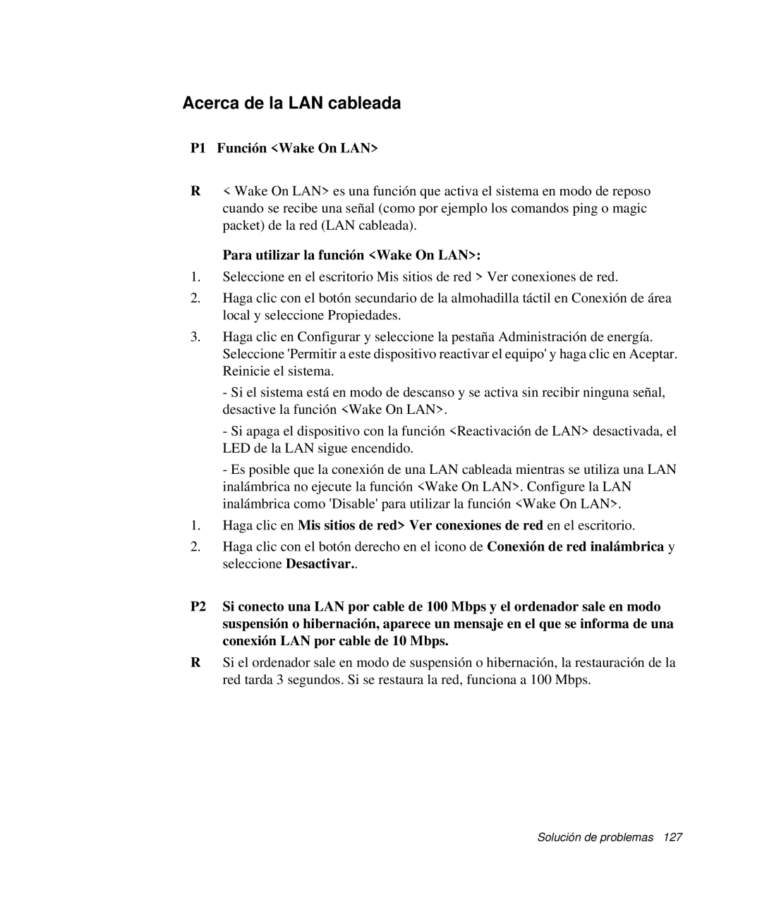 Samsung NP-R65CV01/SEP manual Acerca de la LAN cableada, P1 Función Wake On LAN, Para utilizar la función Wake On LAN 