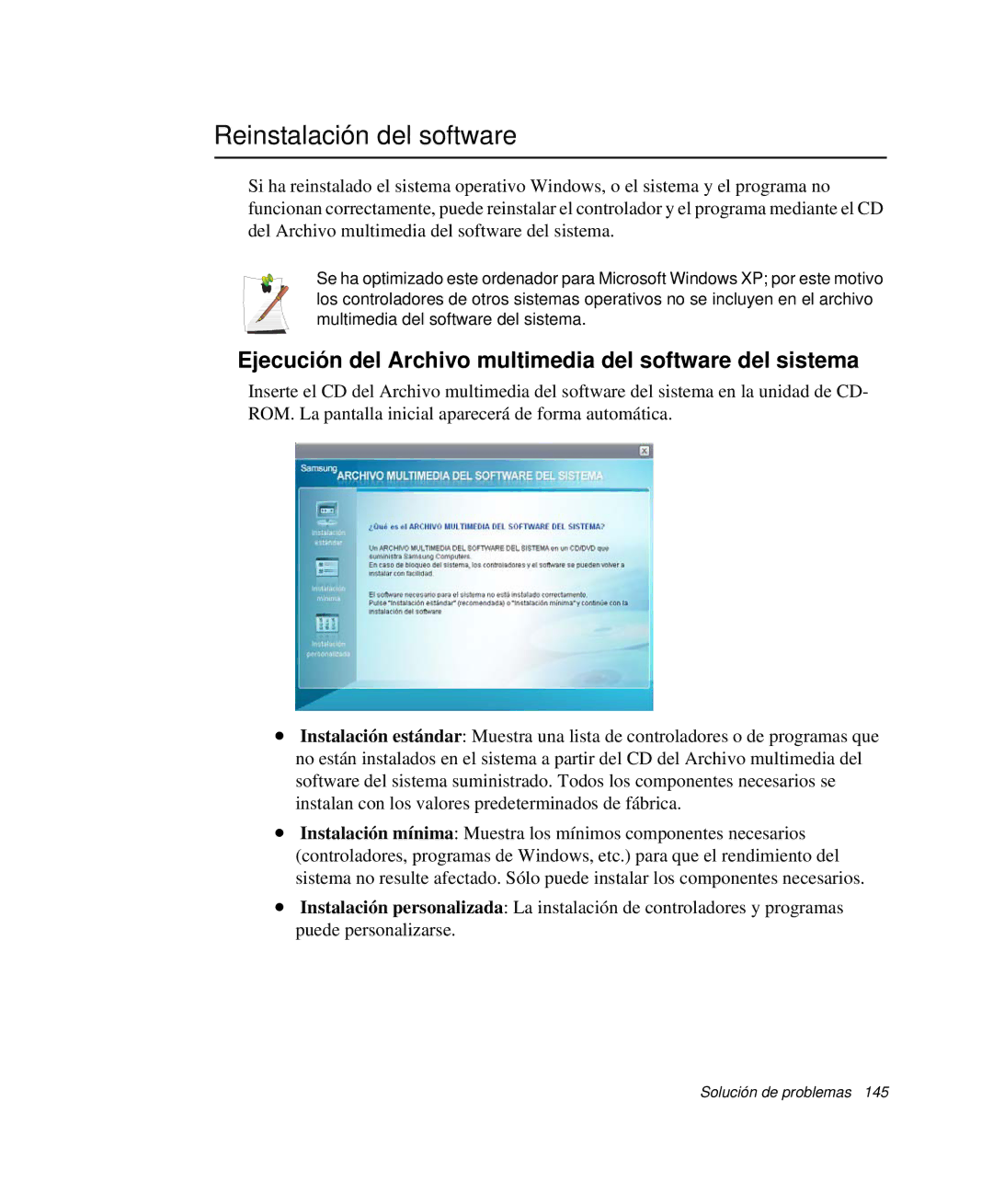 Samsung NP-R65CV01/SEP manual Reinstalación del software, Ejecución del Archivo multimedia del software del sistema 