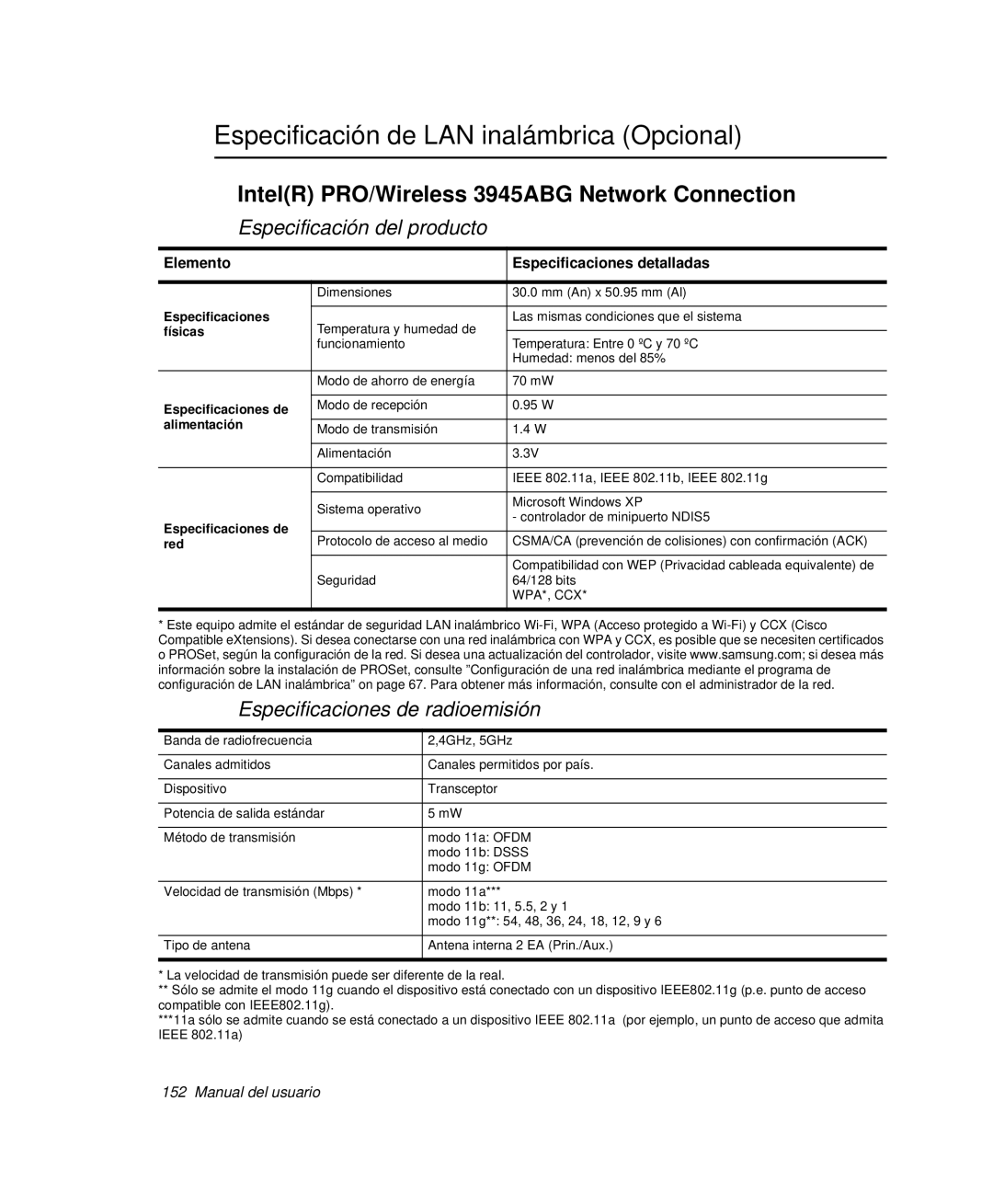 Samsung NP-R65CV03/SES manual Especificación de LAN inalámbrica Opcional, IntelR PRO/Wireless 3945ABG Network Connection 