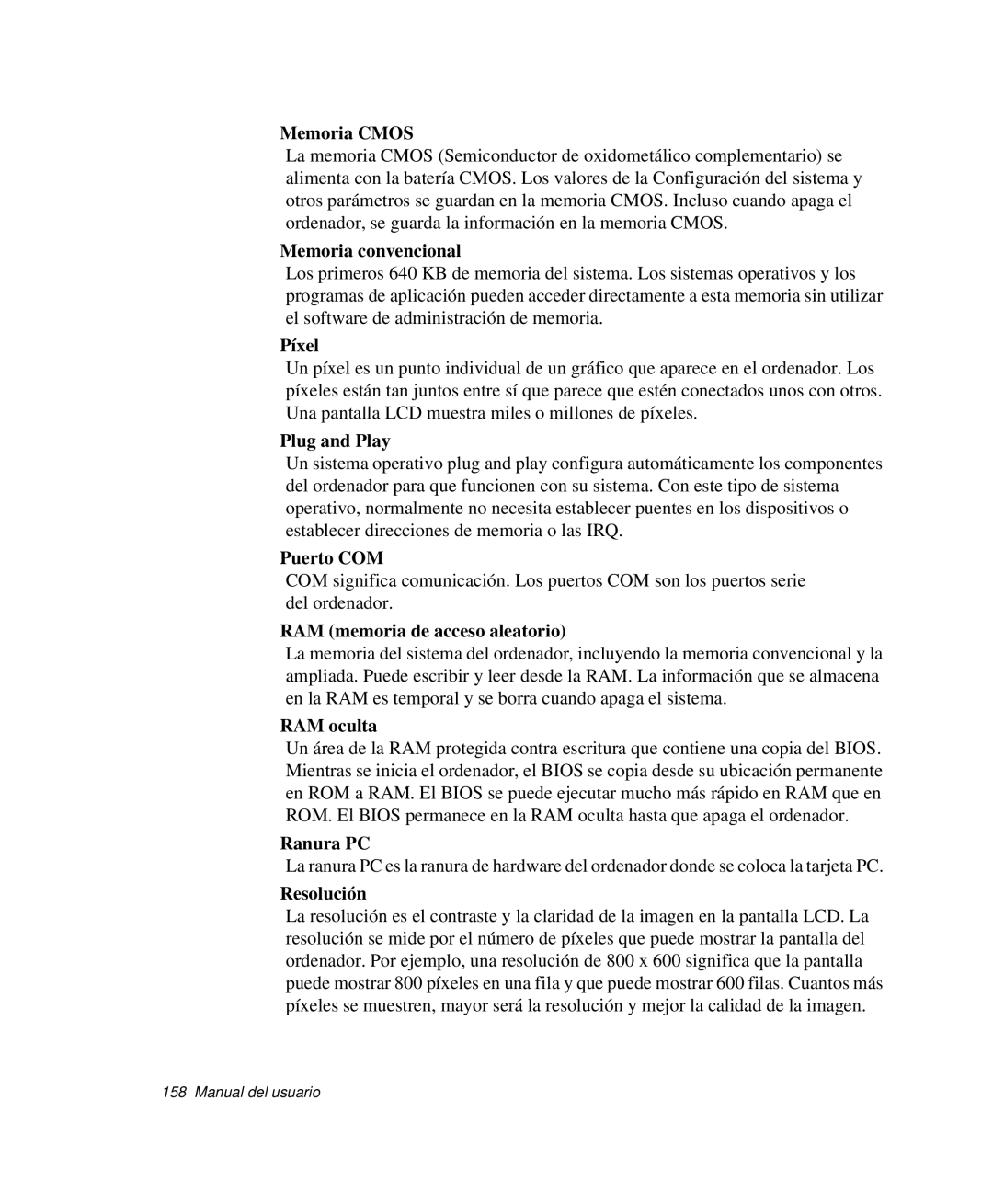 Samsung NP-R65KV00/SES manual Memoria Cmos, Memoria convencional, Píxel, Plug and Play, Puerto COM, RAM oculta, Ranura PC 