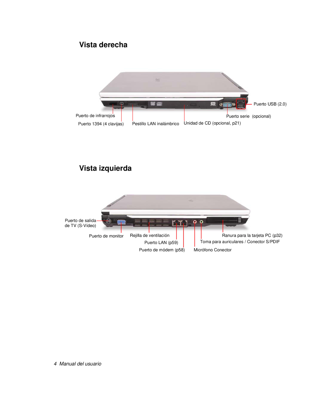 Samsung NP-R65T002/SES, NP-R65CV03/SES, NP-R65CV01/SES, NP-R65CV01/SEP, NP-R65T001/SES manual Vista derecha, Vista izquierda 