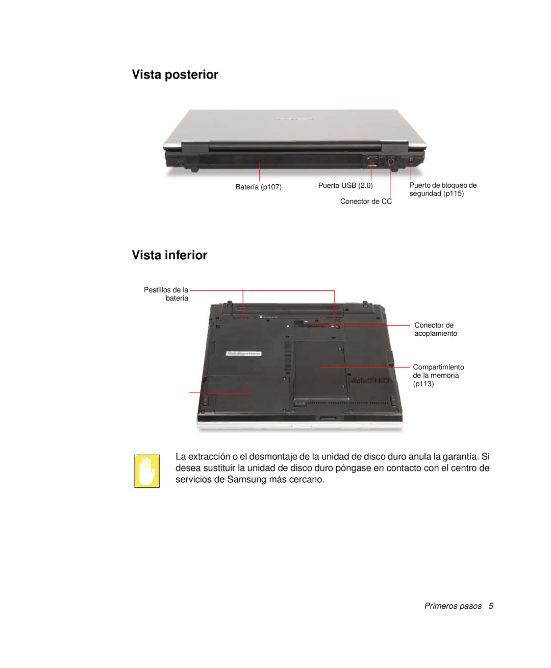 Samsung NP-R65KV00/SES, NP-R65CV03/SES, NP-R65CV01/SES, NP-R65CV01/SEP, NP-R65T001/SES manual Vista posterior, Vista inferior 