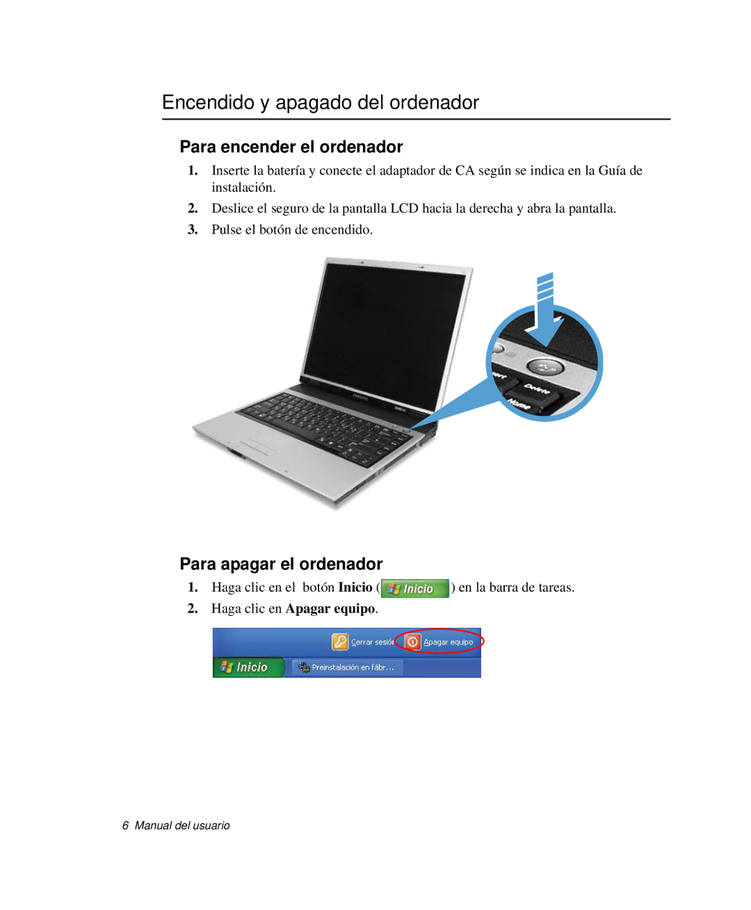 Samsung NP-R65CV02/SES manual Encendido y apagado del ordenador, Para encender el ordenador, Para apagar el ordenador 