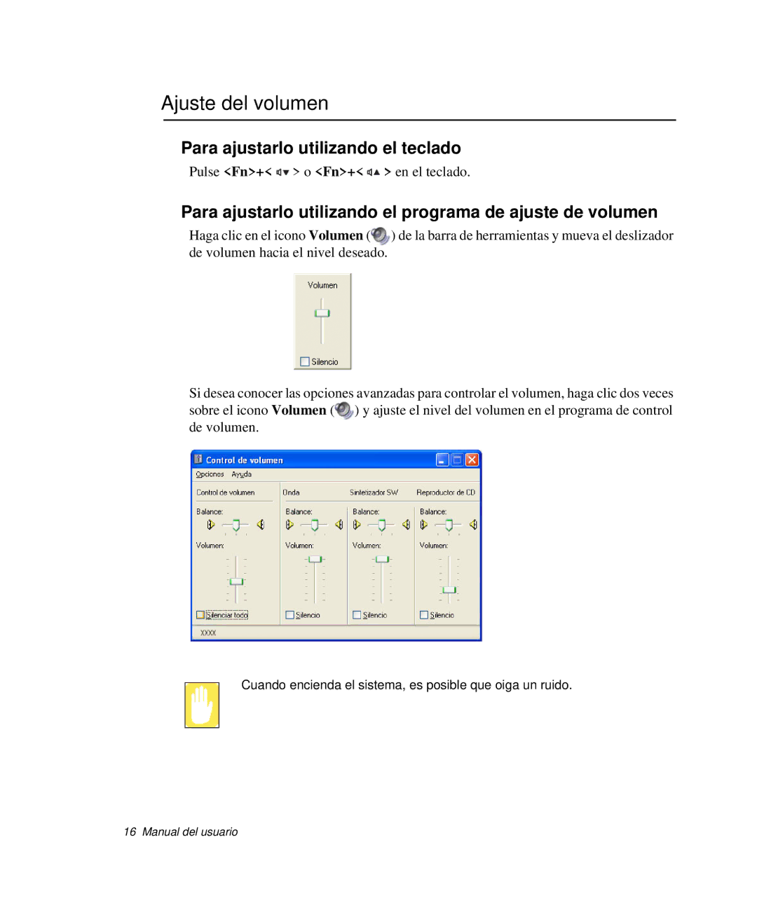 Samsung NP-R65T000/SES, NP-R65CV03/SES manual Ajuste del volumen, Para ajustarlo utilizando el programa de ajuste de volumen 