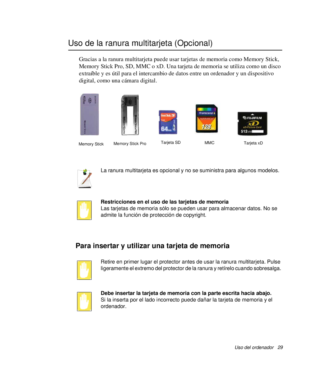 Samsung NP-R65T001/SES manual Uso de la ranura multitarjeta Opcional, Para insertar y utilizar una tarjeta de memoria 