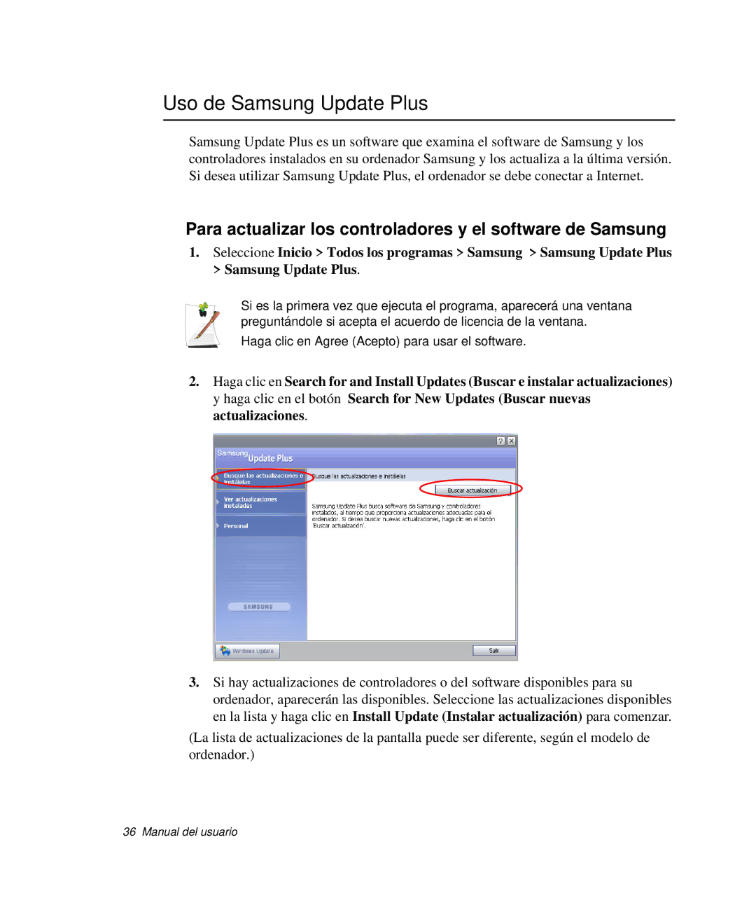 Samsung NP-R65CV01/SES manual Uso de Samsung Update Plus, Para actualizar los controladores y el software de Samsung 