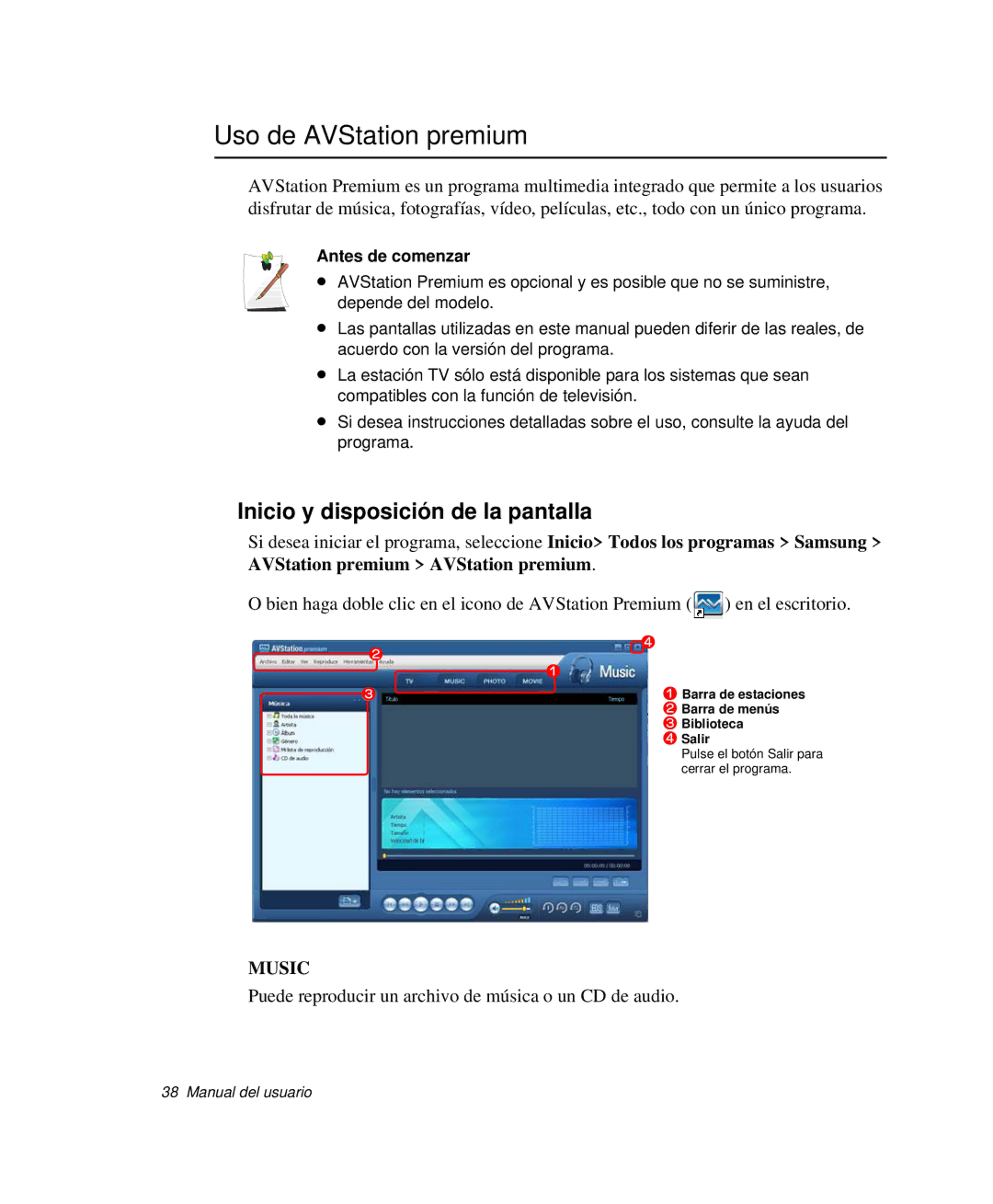 Samsung NP-R65T001/SES, NP-R65CV03/SES Uso de AVStation premium, Inicio y disposición de la pantalla, Antes de comenzar 